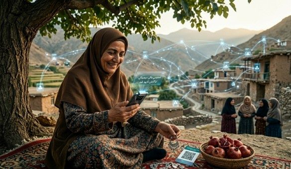 پیرزن روستایی در حال استفاده از خدمات مالی دیجیتل