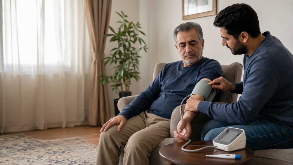 تب سنج و دستگاه فشار خون برای بیمار